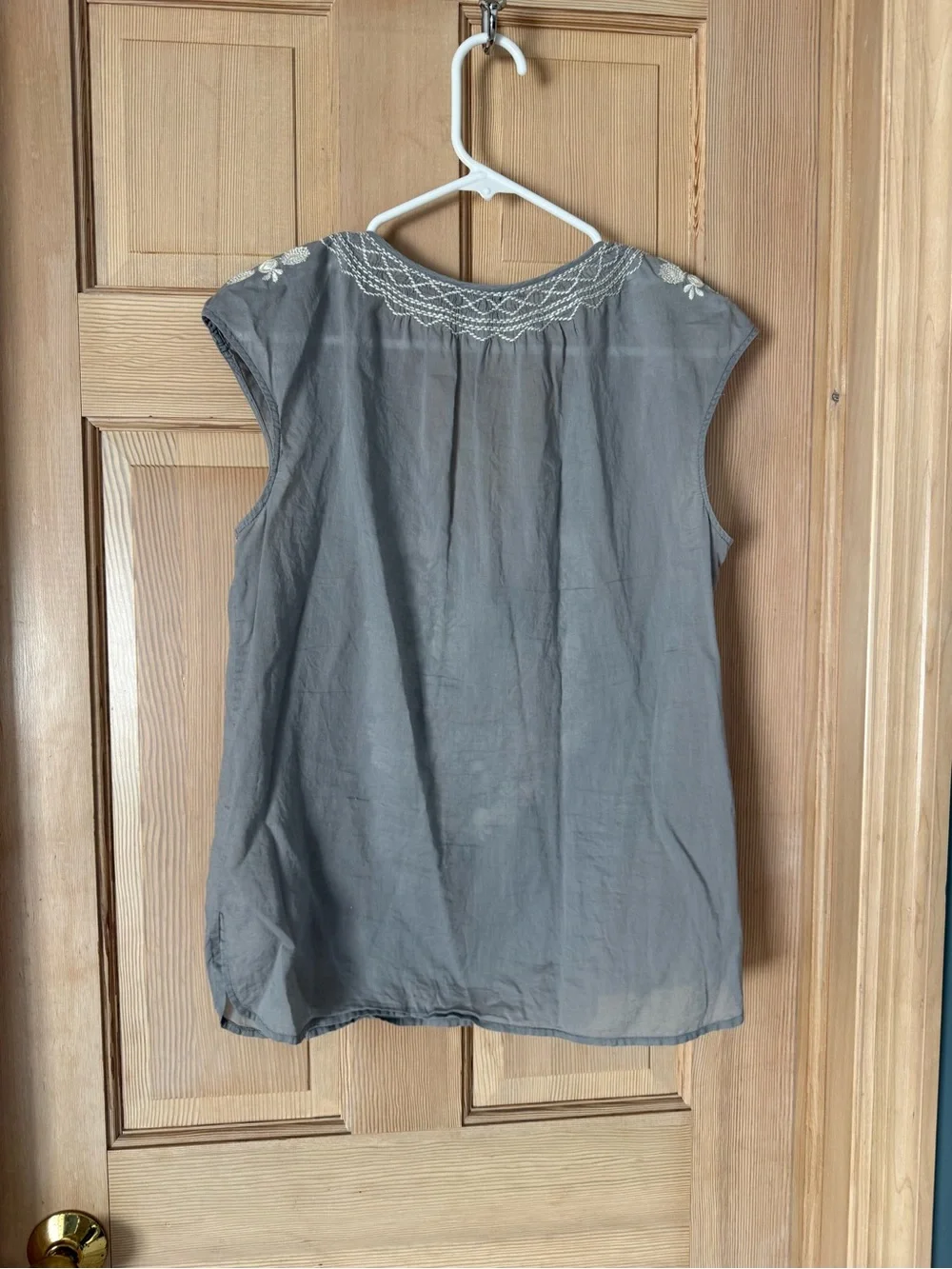 J. Crew Gray Embroidered V-Neck Peasant Top with Ivory Detailing